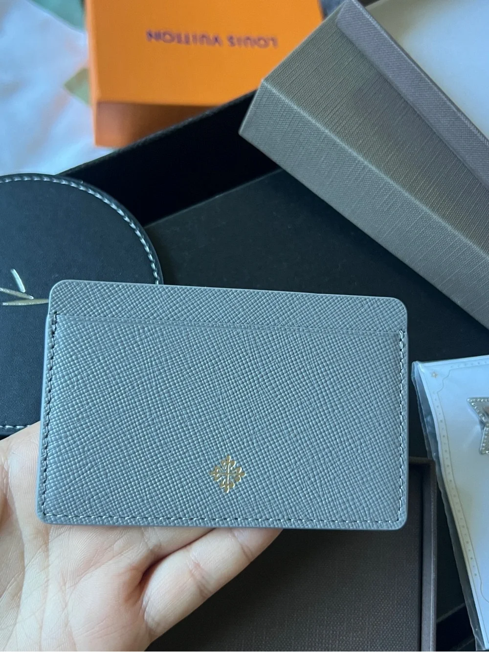 Patek philippe Luxury teal-Gray Leather Card Holder with Gold Logo new gift